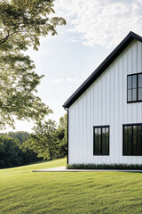 Obraz premium Modern farmhouse, white vertical board-and-batten siding with black trim, large windows on the side of the house, green grass lawn.