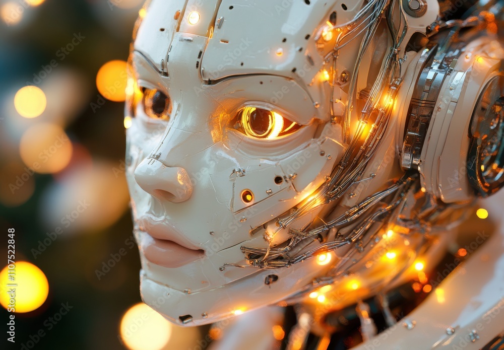 Poster futuristic close-up of a robot face with intricate wiring and glowing lights, showcasing high-tech a