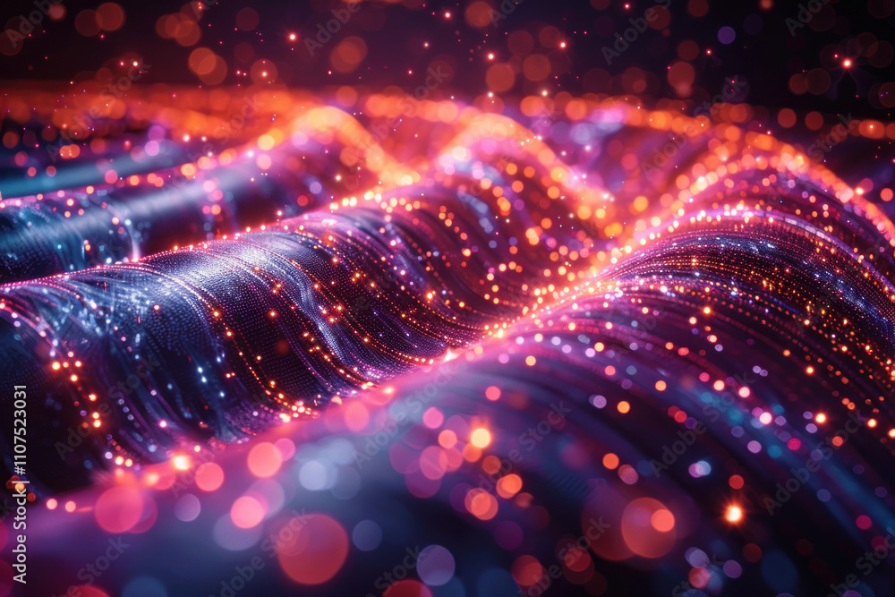 Poster an abstract scene filled with bright and saturated colors. Wavy lines with light and bokeh effects create the illusion of movement and depth.  