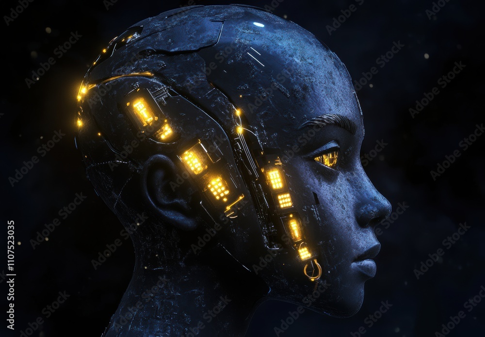Aufkleber futuristic cybernetic portrait of a human-like robot with glowing circuitry and a dark background, e