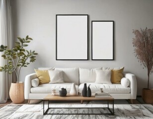 Cozy Living Room Wall Art Display Mockup Featuring Warm Tones and Textures