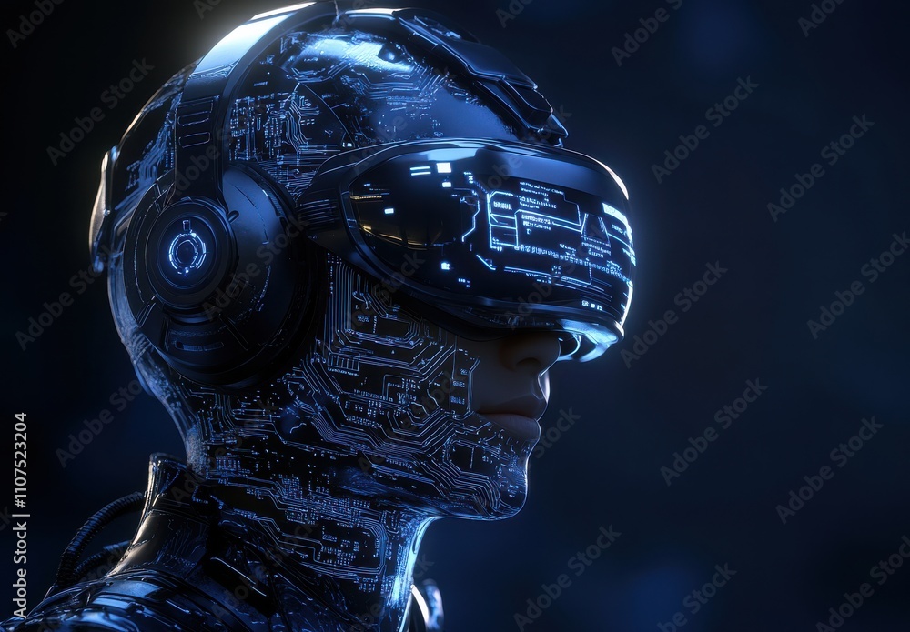 Poster futuristic cyborg with virtual reality headset, glowing circuitry patterns, and immersive technology