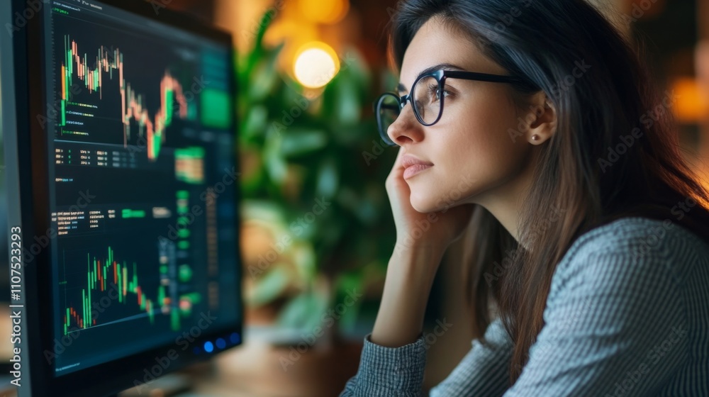 Poster a focused woman examines complex financial charts and graphs on her computer screen.