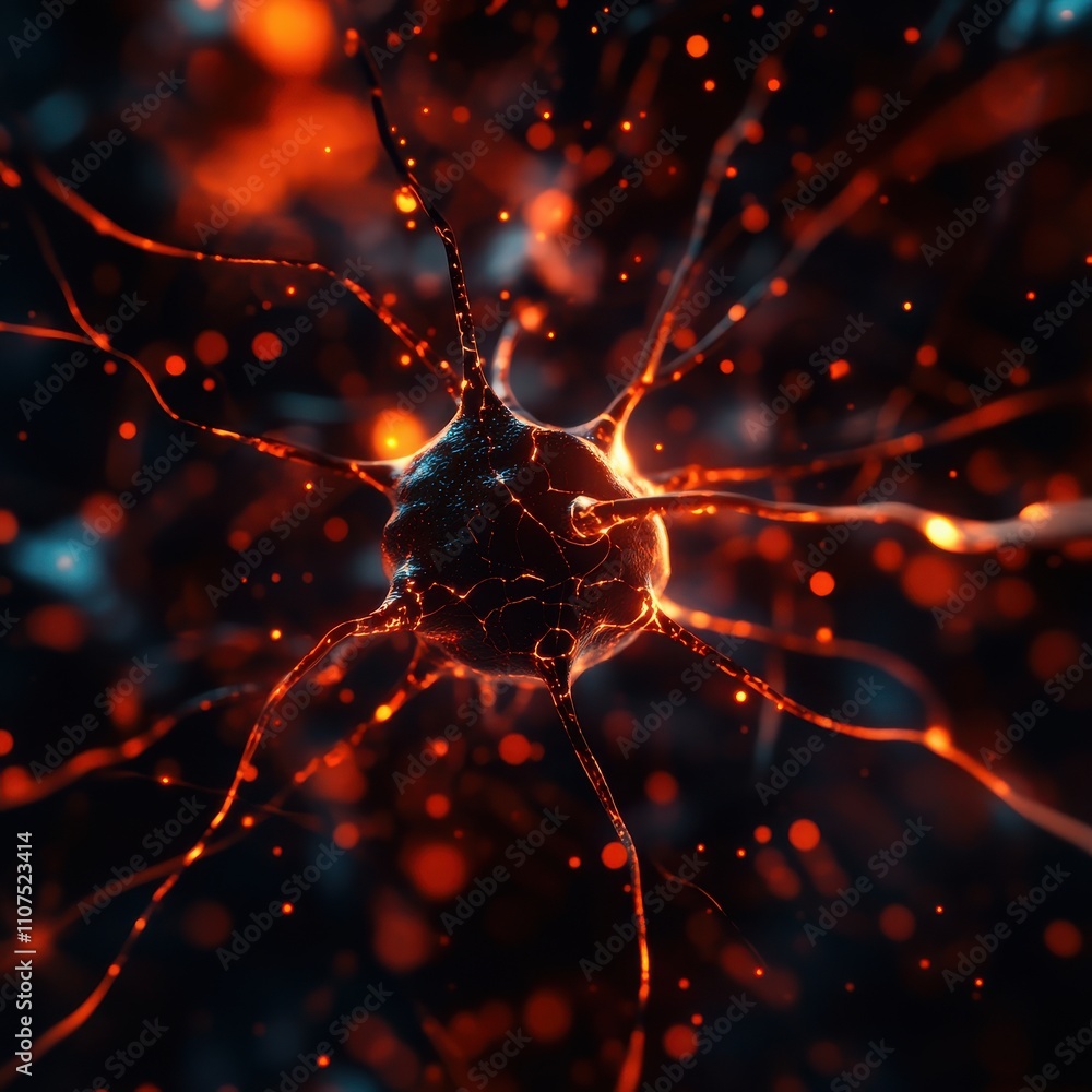 Poster an artistic representation of a neuron, showcasing intricate details of its structure and vibrant co