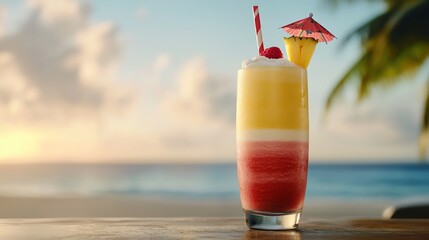 A vibrant tropical drink with layered colors, garnished with a cherry and an umbrella, sits on a beachside table against a sunset ocean backdrop.