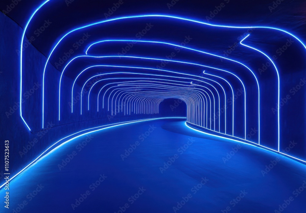 Poster futuristic tunnel with glowing blue neon lights and smooth curves illustrating modern architecture i