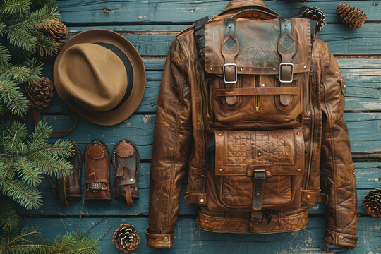 a set of camping equipment that includes a brown leather jacket, a large leather backpack, a hat, a knife sheath and gloves.  - Powered by Adobe