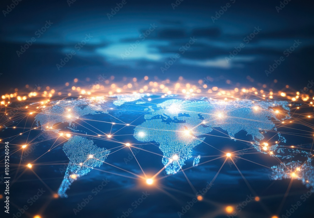 Poster global network connectivity over earth visual representation with bright lights and soft clouds in b