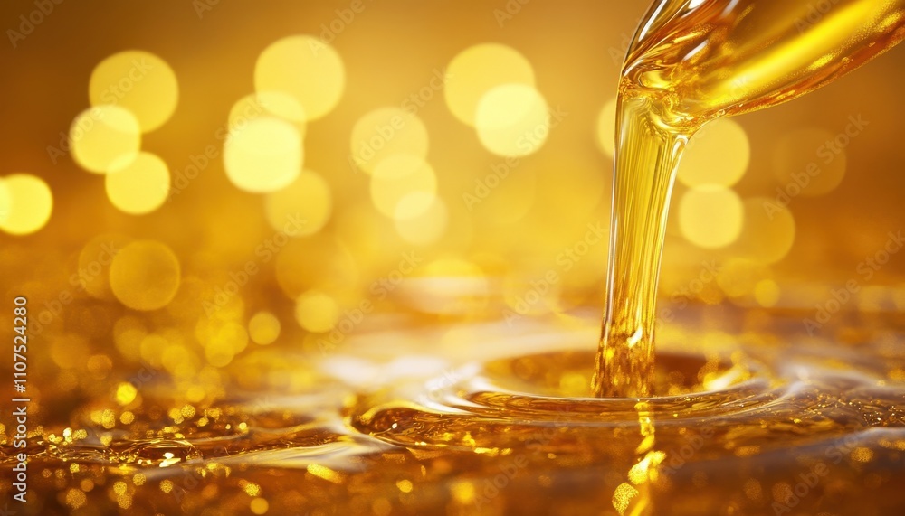 Poster golden liquid flowing smoothly over a reflective surface with bright bokeh background creating a war