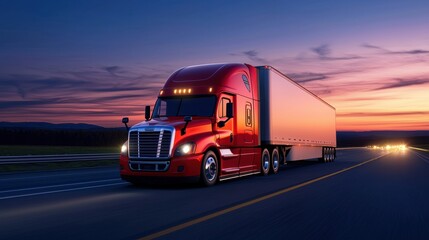 Obraz premium Majestic Red Truck Driving Through a Scenic Sunset Highway