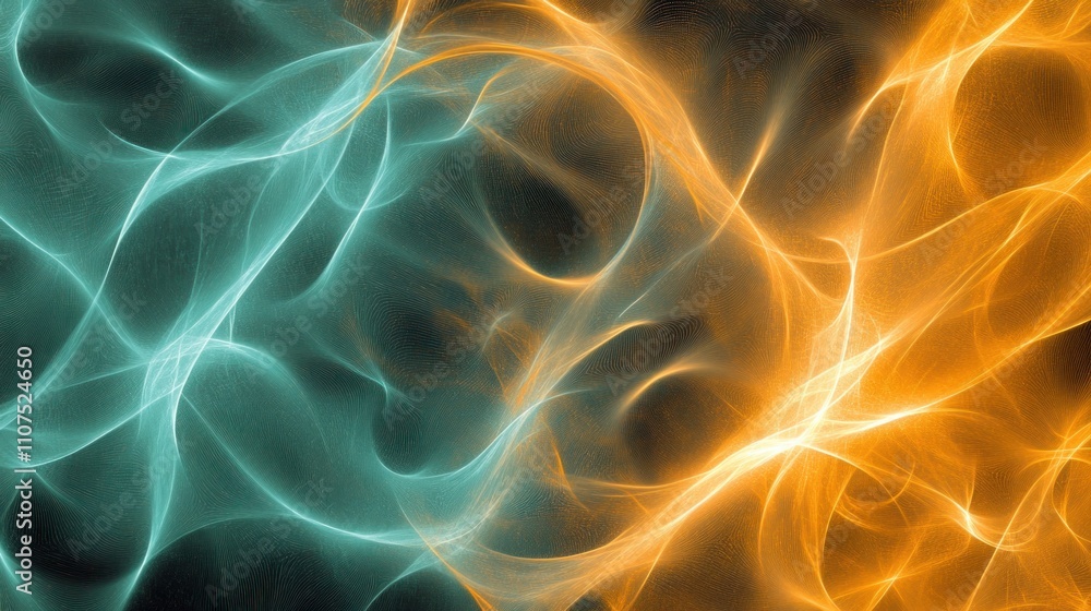 Poster abstract swirling patterns in teal and orange, evoking energy and movement.