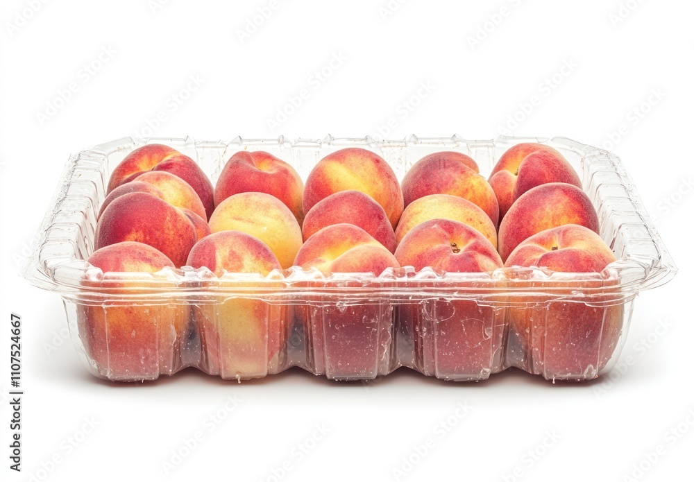 Poster a clear plastic container filled with ripe peaches arranged neatly.