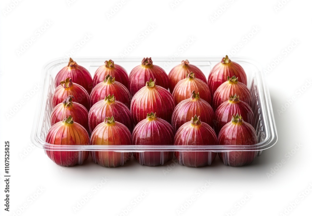 Poster a clear plastic container filled with red onions arranged neatly.
