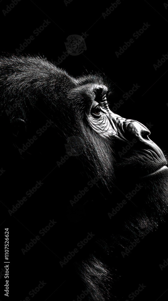 Poster a close-up profile of a gorilla against a black background, emphasizing its features.