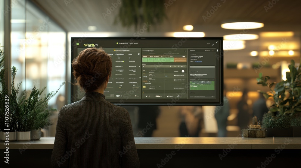 Poster A person observes a digital interface displaying data in a modern workspace.
