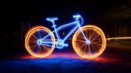 Fototapeta premium A light painting shot of a bicycle taken at night using long exposure vibrant colors forming abstract shapes and captured from a low angle for dramatic storytelling 
