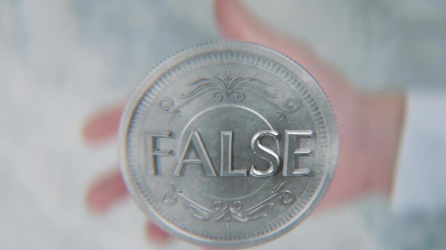 A hand flips a coin marked True and False, spinning toward the camera in slow motion