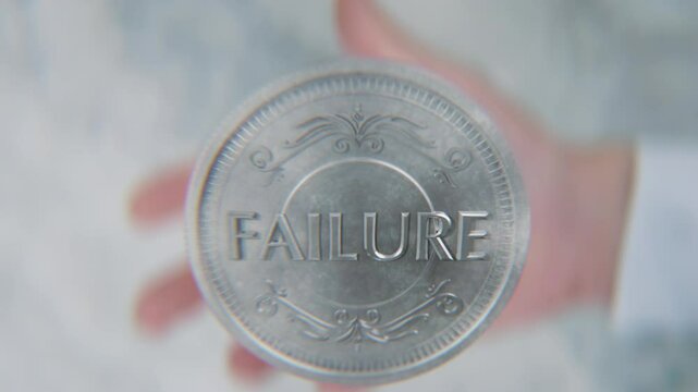 A hand flips a coin marked Success and Failure, spinning toward the camera in slow motion