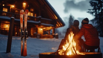 Fototapeta premium couple warming up by a firepit after a day of skiing