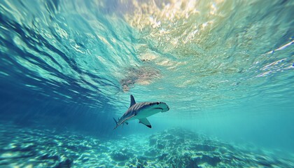 Majestic Shark Swimming Gracefully Through Crystal Clear Ocean Waters, Capturing the Serenity of Marine Life in Vibrant Underwater Environment