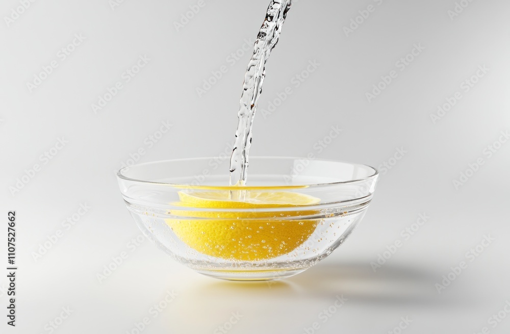 Poster water being poured into a bowl with lemon slices, creating a refreshing drink scene.