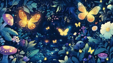 Fototapeta premium A sparkling cartoon japanese style pattern showing luminous fireflies and butterflies fluttering around a mystical garden with glowing mushrooms and tiny streams, The background combines dark blues,