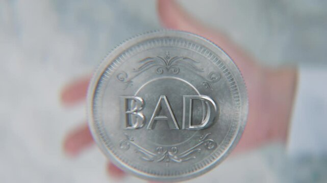 A hand flips a coin marked Bad and Good, spinning toward the camera in slow motion