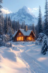 Fototapeta premium Cozy cabin nestled in snowy mountains at dusk. (1)