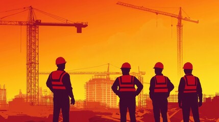 Construction Workers Silhouetted Against Orange Sunset Background