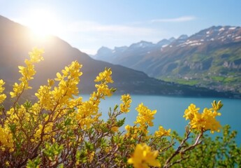 Scenic Mountain View with Vibrant Yellow Flowers in the Foreground and Stunning Lake Under Clear Blue Sky During Sunrise or Sunset in Nature Paradise