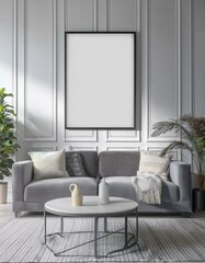 High-Quality 3D Living Room Poster Mockup with ISO A Paper Size Framed Art, Showcasing a Clean and Modern Space