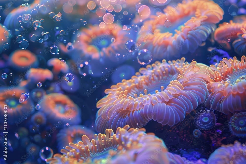Poster underwater scene featuring vibrant coral-like structures surrounded by bubbles.