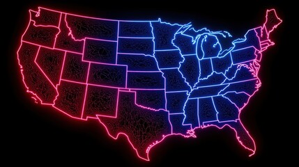Neon Outline of United States Map with Vibrant Blue and Pink Colors