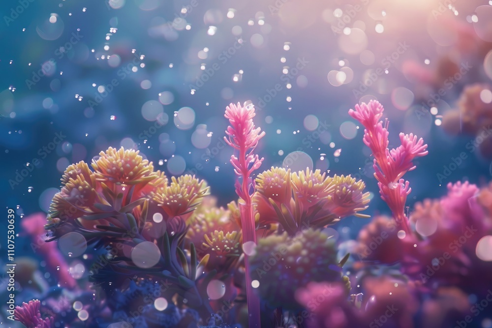 Poster A vibrant underwater scene with colorful corals and bubbles creating a serene atmosphere.