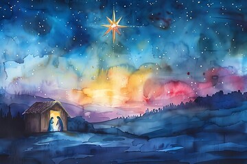 Watercolor painting of the nativity scene at night under a starry sky with a bright star.
