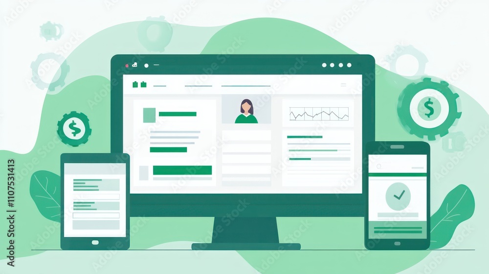 Poster Digital interface showcasing user profiles and financial data on multiple devices.