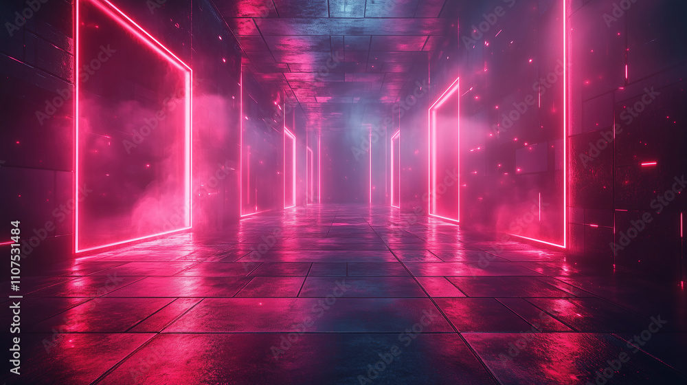 Poster futuristic corridor filled with vibrant pink neon lights and atmospheric fog creating a surreal envi