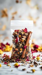 Herbal Tea Blend in Transparent Pouch on Marble with Autumn Accents
