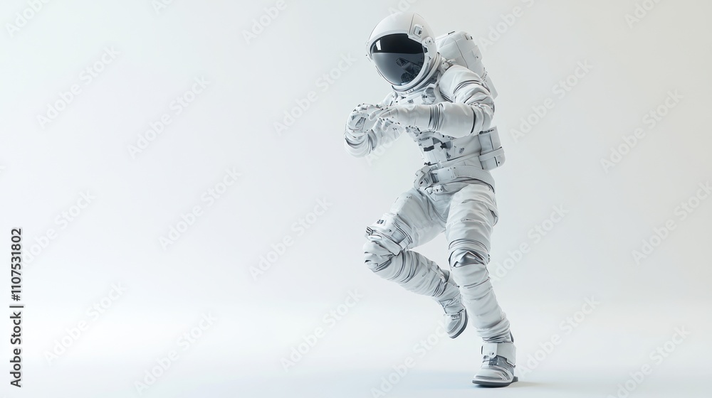Poster A futuristic astronaut in a dynamic pose against a minimalist background.