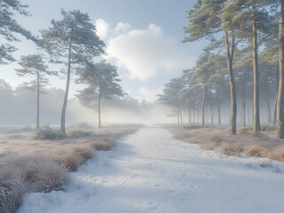 Fototapeta premium Frosty path through a snow-covered pine forest on a misty winter morning.