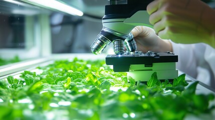 scientist examining bioengineered plant cells through a microscope in a high-tech lab