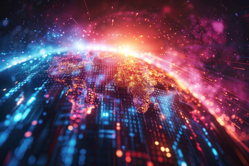 Obraz premium world map, made in a bright and futuristic style. Continents are indicated by glowing dots and lines, creating the illusion of a digital globe. 
