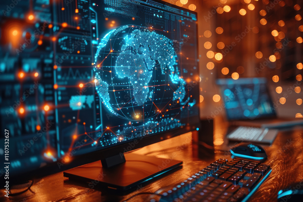 Poster a modern desktop with a computer displaying a high-tech world map with connecting lines and glowing dots symbolizing global connections and networks.  