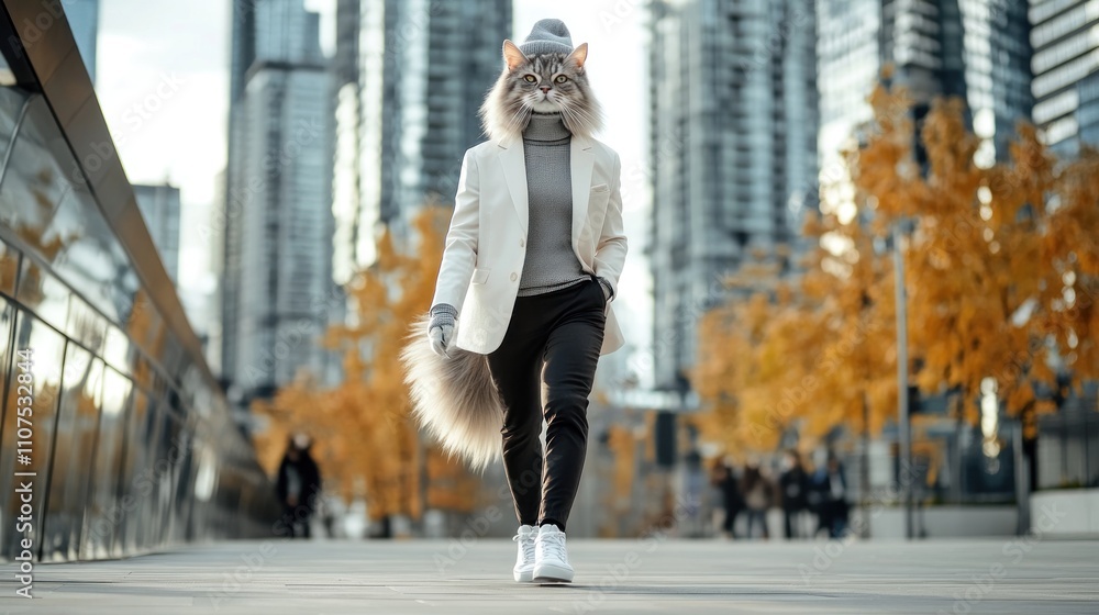 Poster a person in a fox mask walks confidently in an urban setting surrounded by tall buildings.