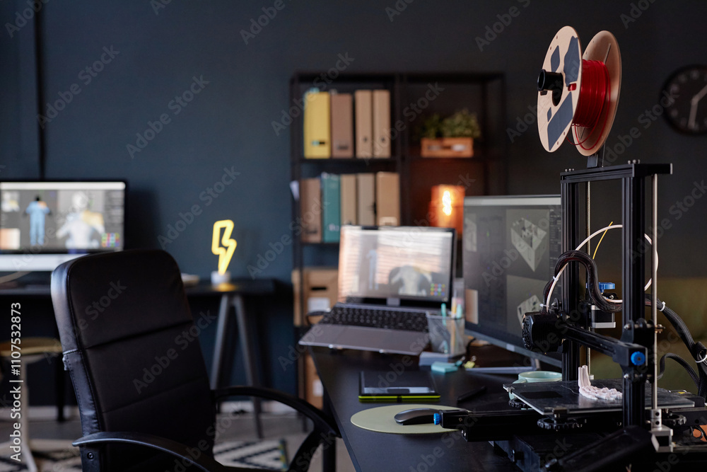 Leinwandbilder workspace showcasing advanced 3d printer amidst contemporary office setting. monitor displaying desi