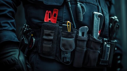 Close-up of a tactical gear belt worn by a law enforcement officer. The belt is loaded with various tools and equipment, reflecting readiness and preparedness.