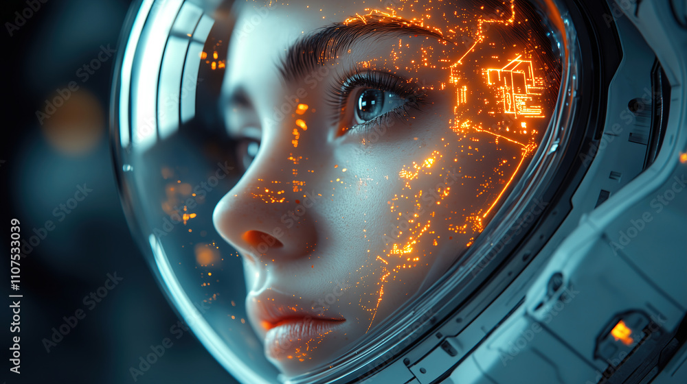 Poster futuristic astronaut reflecting advanced technology in a space helmet at an unknown location. genera