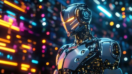 Fototapeta premium Futuristic Robot Figure in a Colorful Neon Environment
