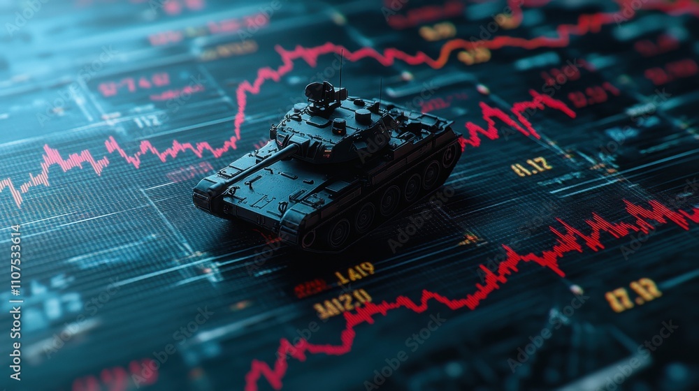 Poster tank model on financial data background with graphs and trends