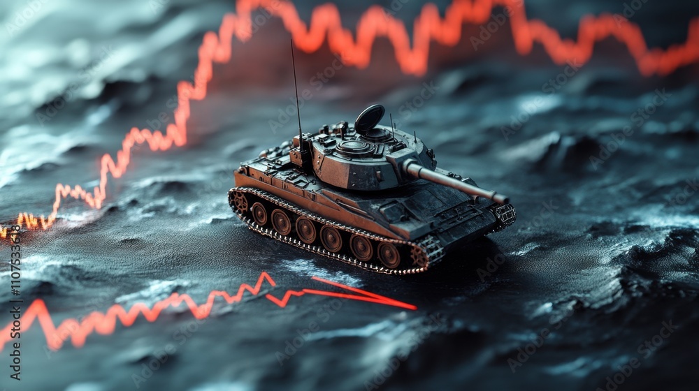 Poster realistic tank model on abstract graph background with red lines